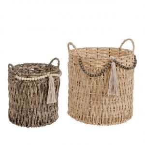Set of 2 wicker style bohemian baskets with tassels and handles